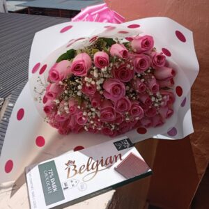 50 PINK ROSES MIXED WITH GYPSO & BELGIAN CHOCOLATE