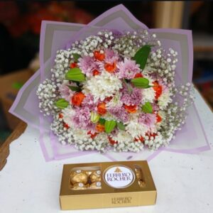 MIXED CHYSTUMUMS WITH LILIES & 8 PIECES FERRERO ROCHER CHOCOLATES