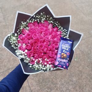 60 PINK ROSES WITH A BUBBLY CHOCOLATE