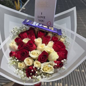 40 MIXED RED & WHITE ROSES WITH A CADBURY CHOCOLATE