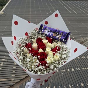 40 MIXED RED & WHITE ROSES & A CADBURY CHOCOLATE
