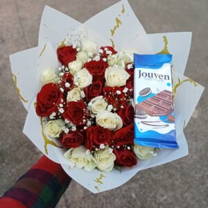 40 MIXED RED & WHITE ROSES WITH JOUVEN CHOCOLATE