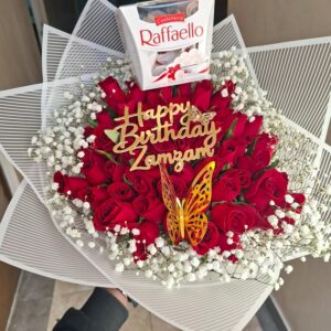 RED ROSES, BIRTHDAY TOPPER & RAFFAELLO CHOCOLATE